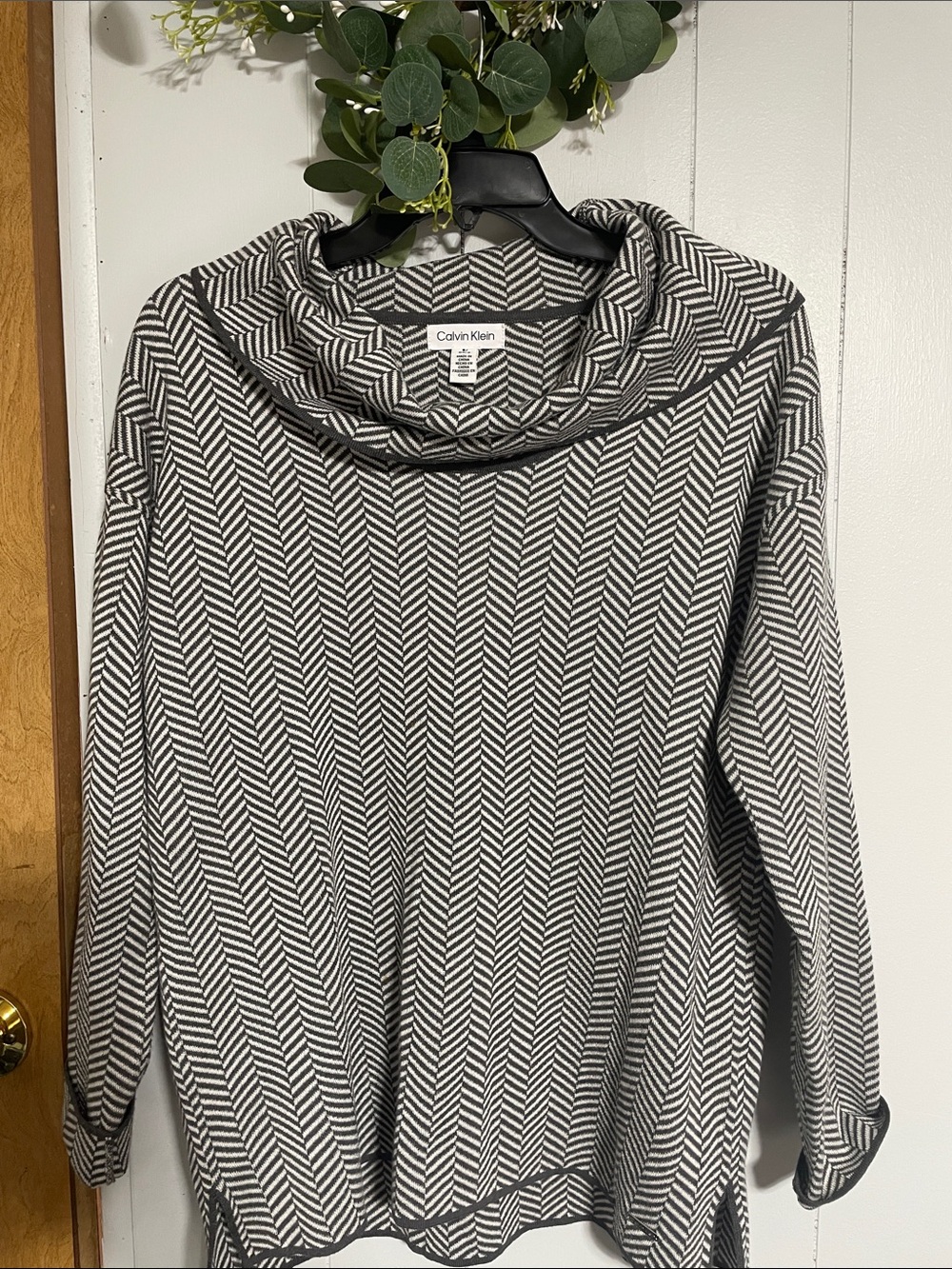 Calvin Klein Black & White Chevron Cowl Neck Sweater